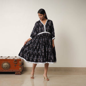 Black - Hand Block Print Cotton Tiered Ajrakh Dress 18