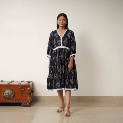 Black - Hand Block Print Cotton Tiered Ajrakh Dress 18