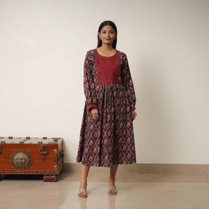 Brown - Hand Block Print Cotton Flared Gher Ajrakh Dress 14