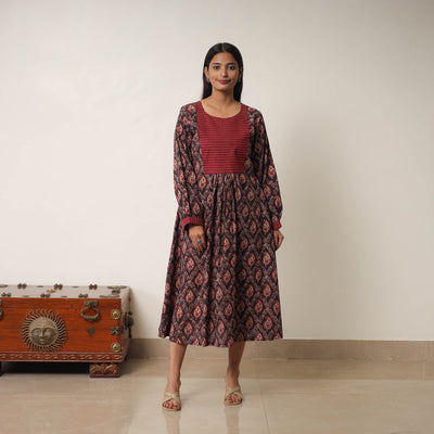 Brown - Hand Block Print Cotton Flared Gher Ajrakh Dress 14