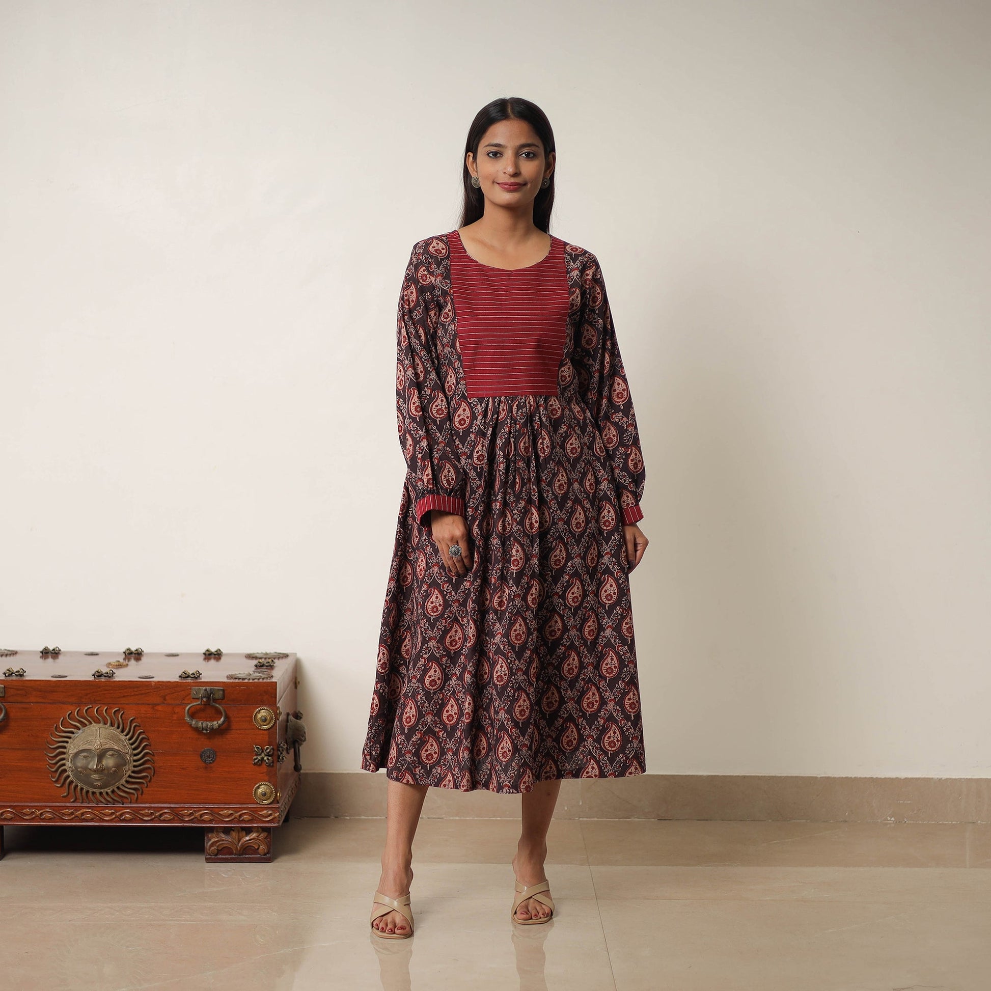 Brown - Hand Block Print Cotton Flared Gher Ajrakh Dress 14