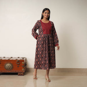 Brown - Hand Block Print Cotton Flared Gher Ajrakh Dress 14