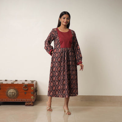 Brown - Hand Block Print Cotton Flared Gher Ajrakh Dress 14