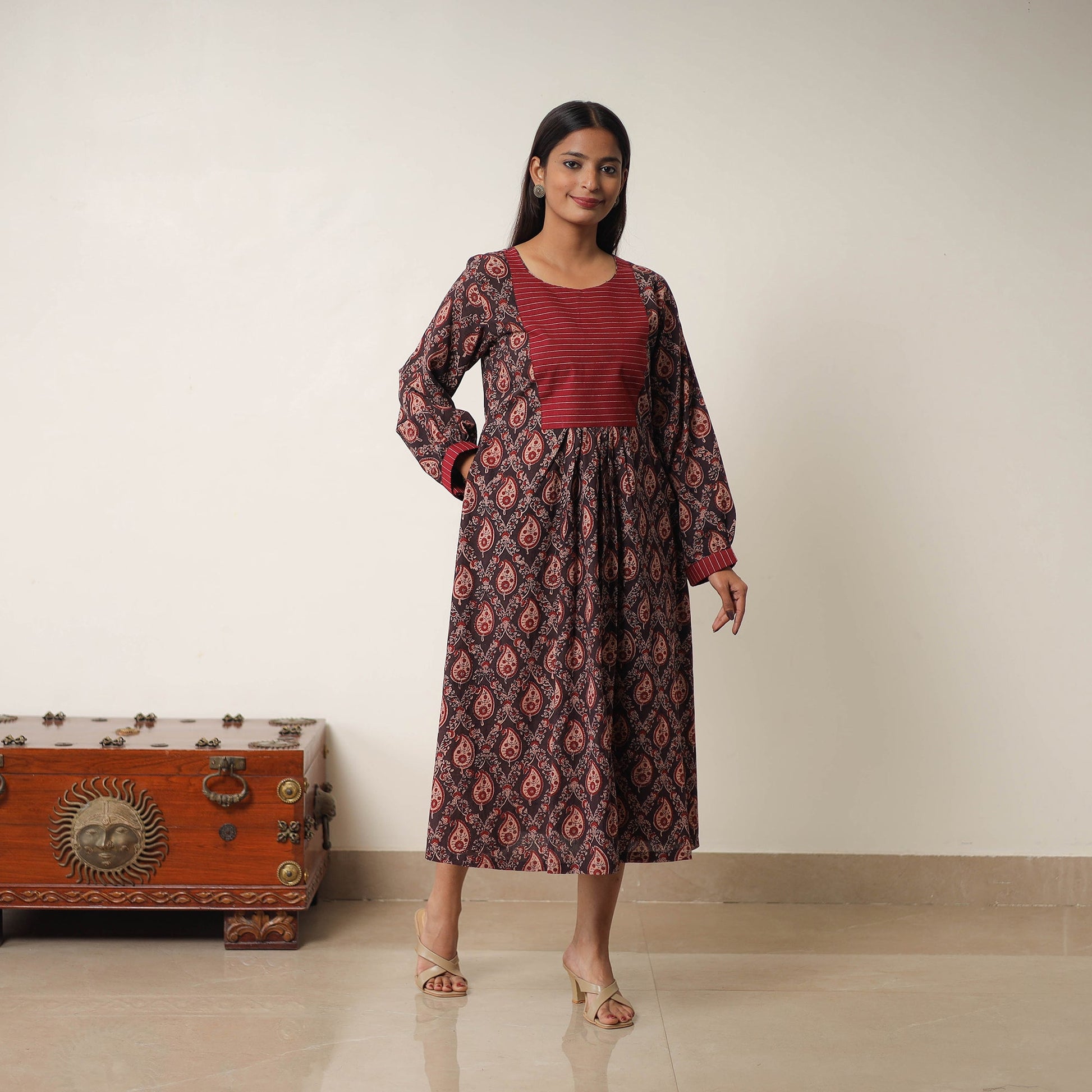 Brown - Hand Block Print Cotton Flared Gher Ajrakh Dress 14