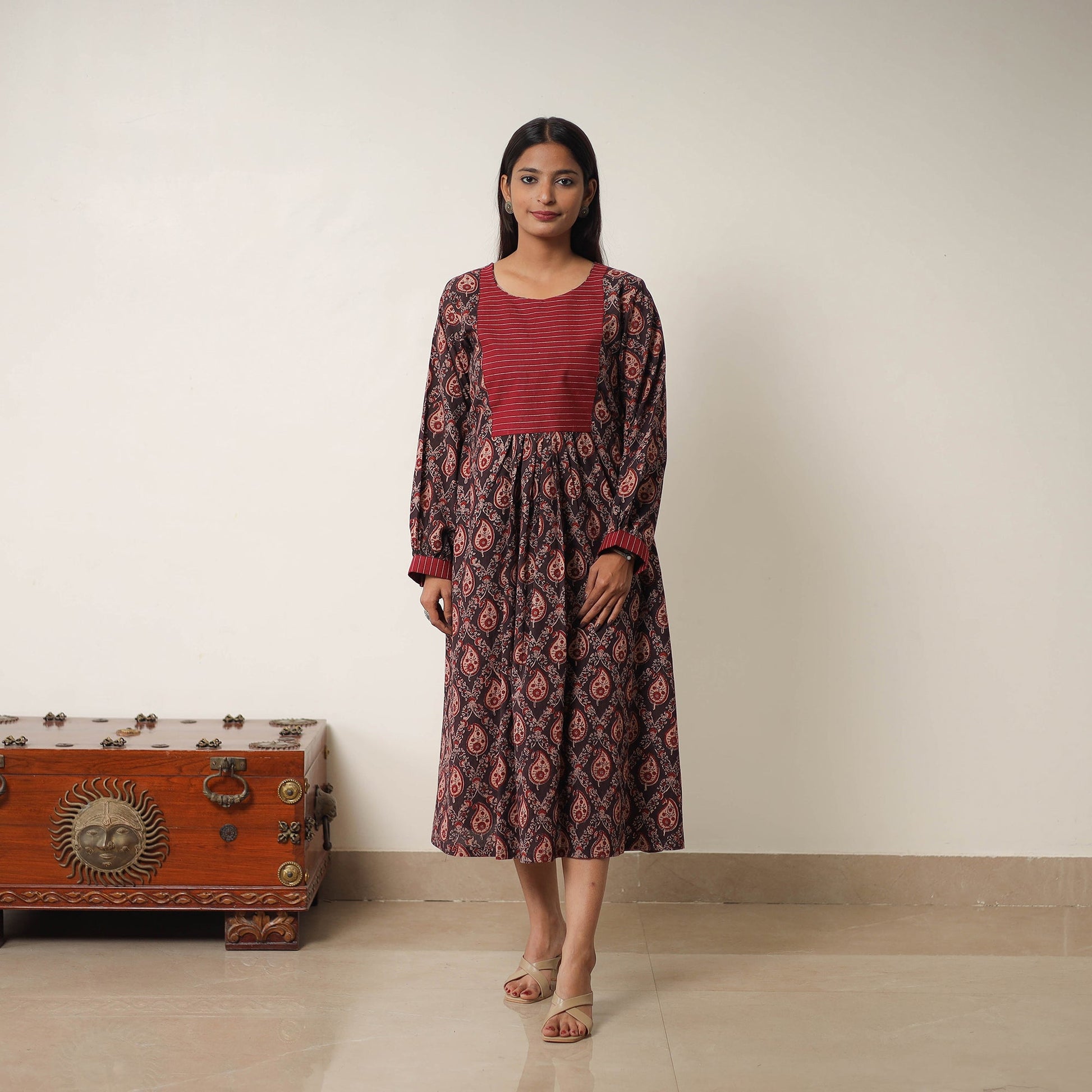 Brown - Hand Block Print Cotton Flared Gher Ajrakh Dress 14