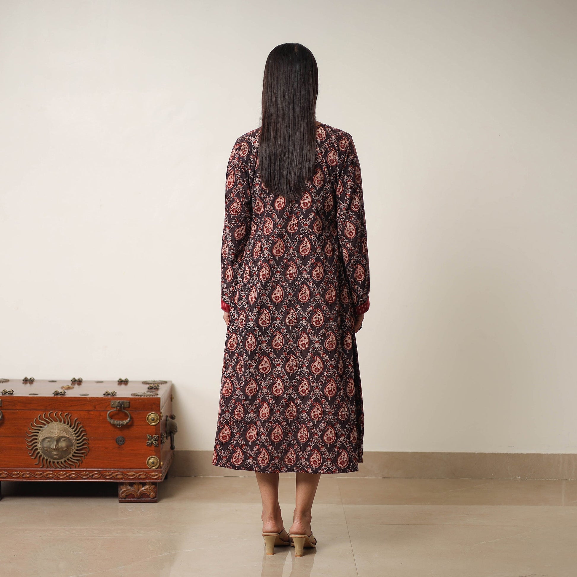 Brown - Hand Block Print Cotton Flared Gher Ajrakh Dress 14