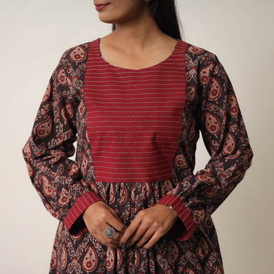 Brown - Hand Block Print Cotton Flared Gher Ajrakh Dress 14
