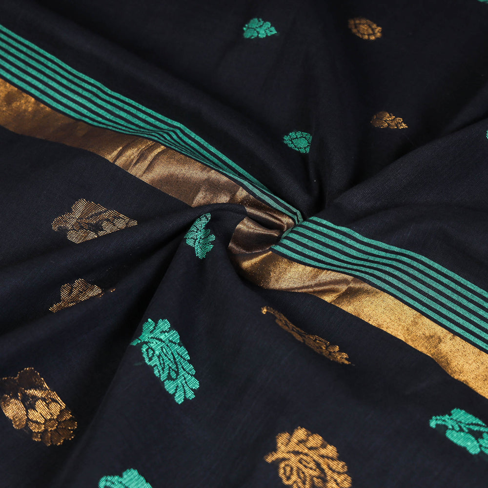 Black - Traditional Venkatagiri Pure Handloom Cotton Zari & Thread Buti Saree 17
