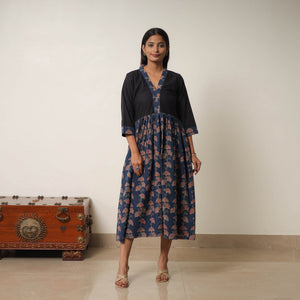 Blue - Hand Block Print Cotton Flared Gher Ajrakh Dress 01