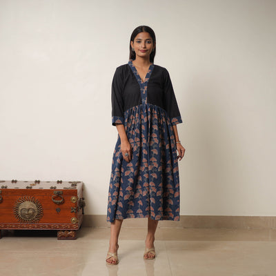 Blue - Hand Block Print Cotton Flared Gher Ajrakh Dress 01