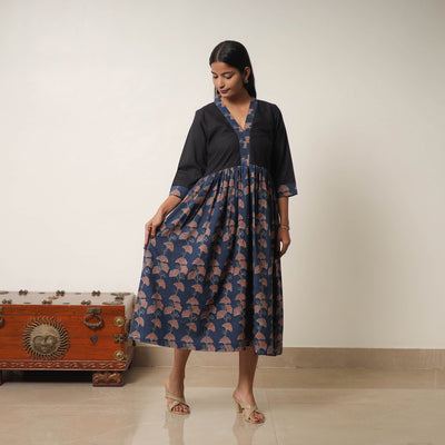 Blue - Hand Block Print Cotton Flared Gher Ajrakh Dress 01