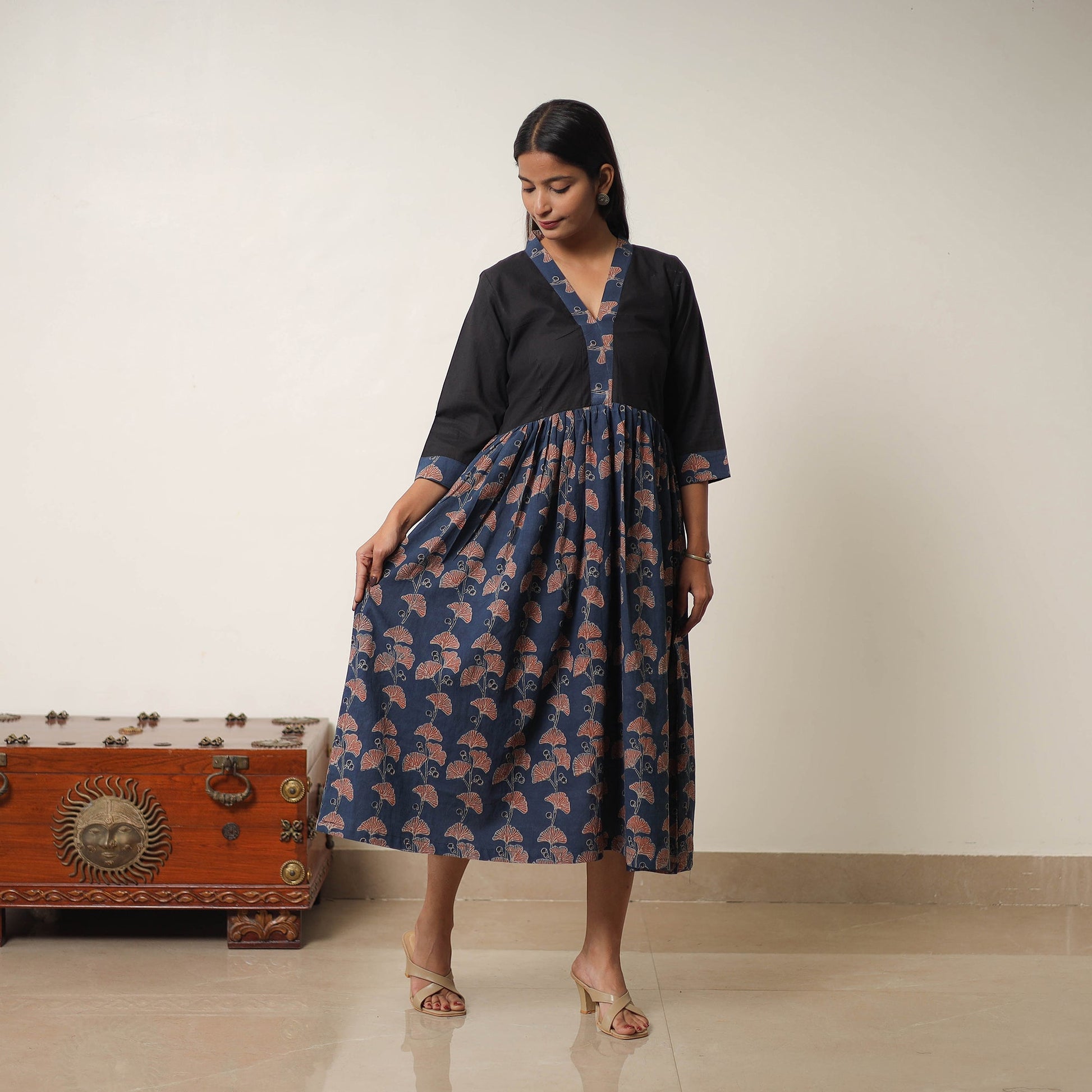 Blue - Hand Block Print Cotton Flared Gher Ajrakh Dress 01