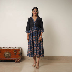 Blue - Hand Block Print Cotton Flared Gher Ajrakh Dress 01