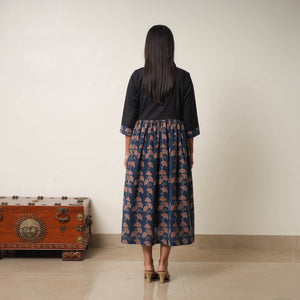 Blue - Hand Block Print Cotton Flared Gher Ajrakh Dress 01