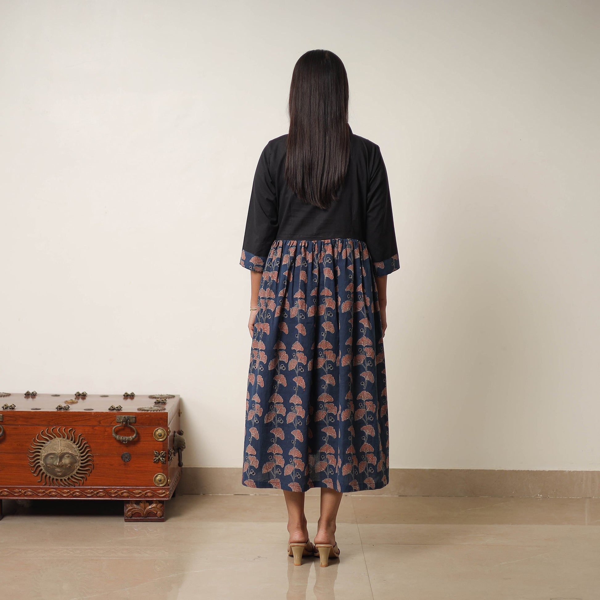 Blue - Hand Block Print Cotton Flared Gher Ajrakh Dress 01