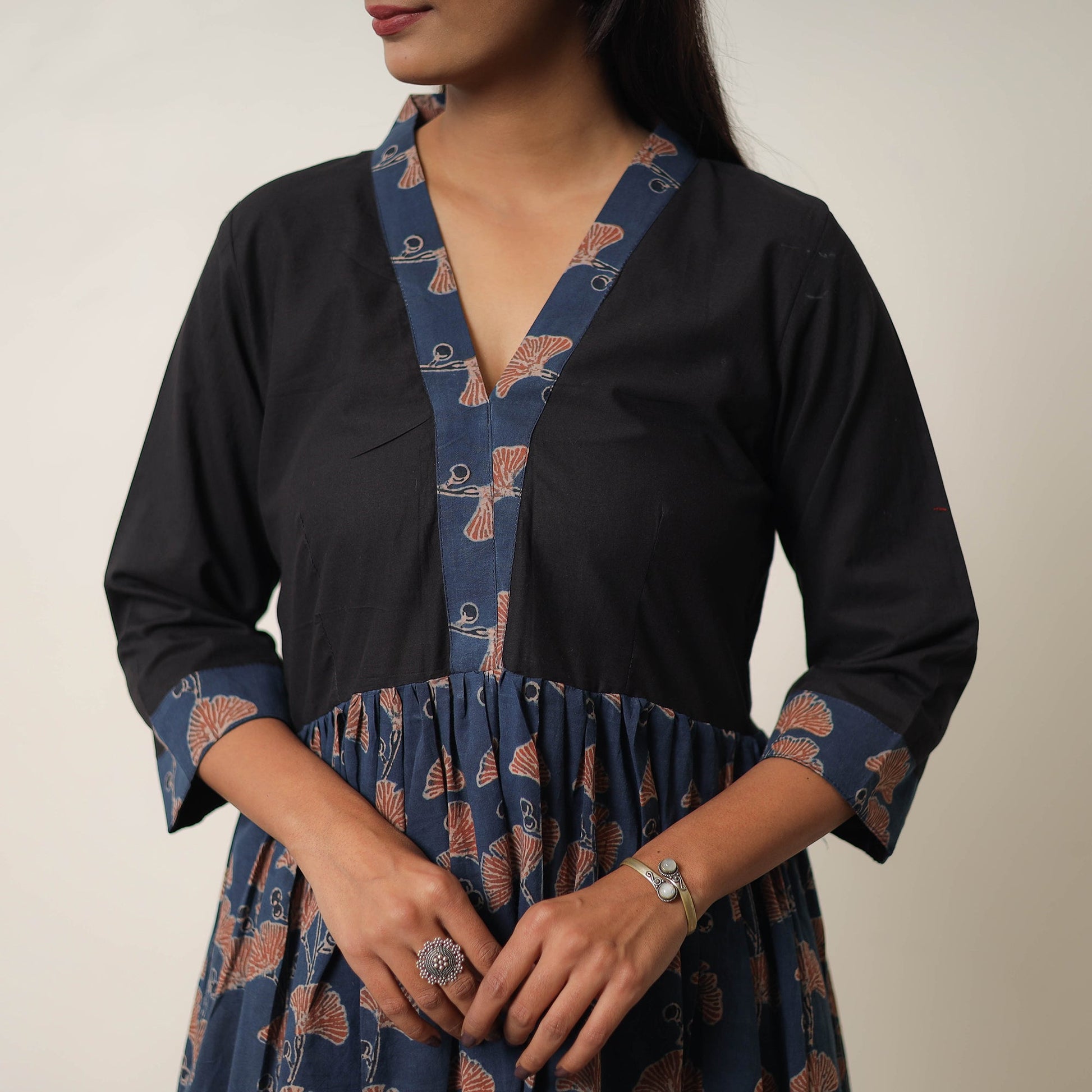 Blue - Hand Block Print Cotton Flared Gher Ajrakh Dress 01
