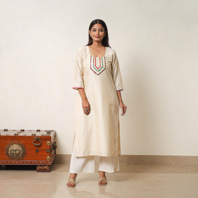 Beige - Najia Cream Gota Work Slub Silk Plain Kurta
