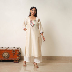 Beige - Najia Cream Gota Work Slub Silk Plain Kurta