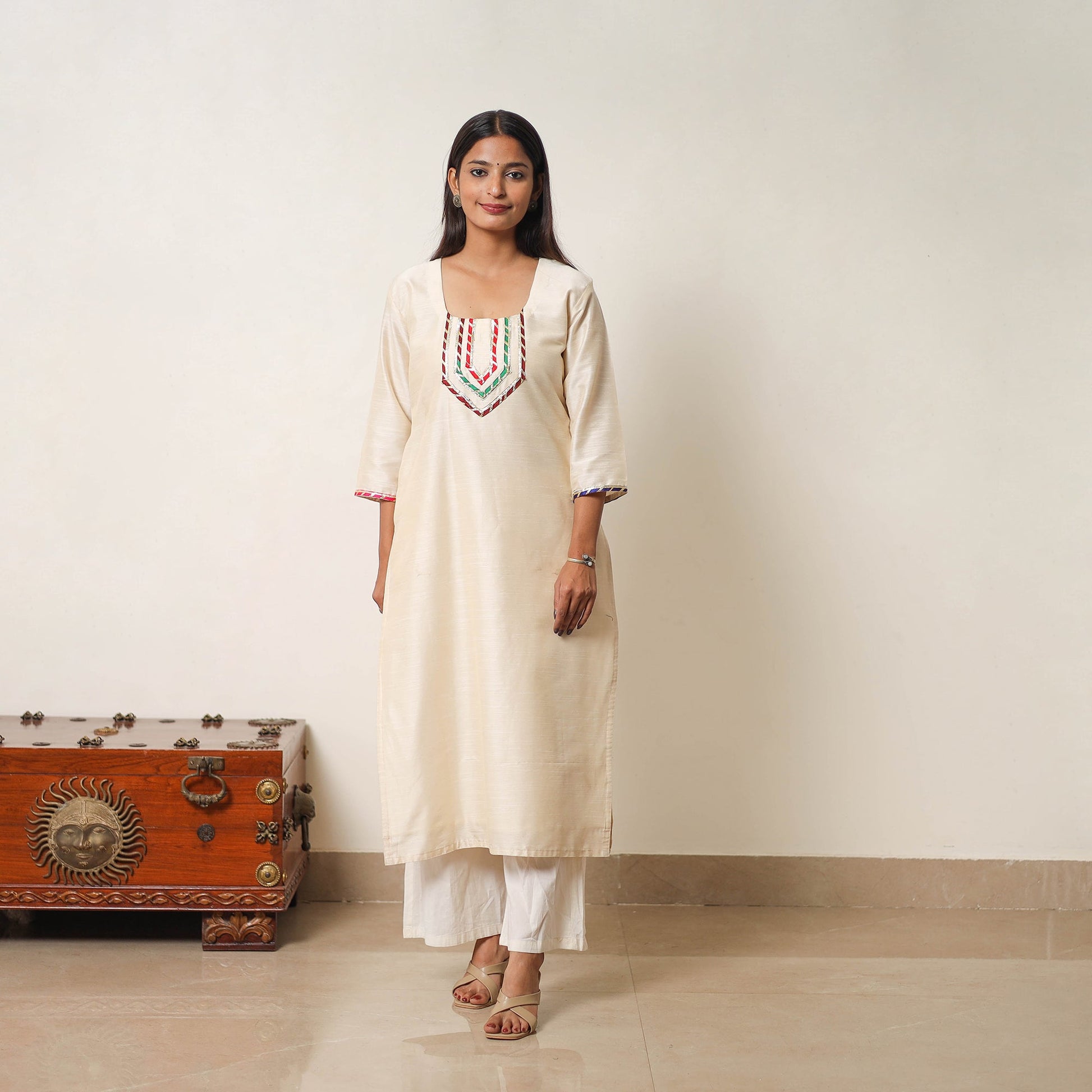 Beige - Najia Cream Gota Work Slub Silk Plain Kurta