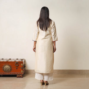 Beige - Najia Cream Gota Work Slub Silk Plain Kurta