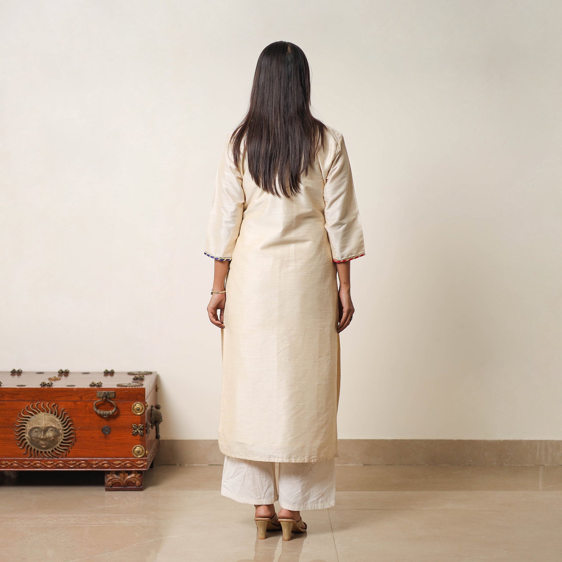 Beige - Najia Cream Gota Work Slub Silk Plain Kurta