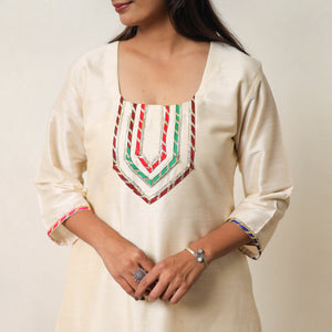 Beige - Najia Cream Gota Work Slub Silk Plain Kurta