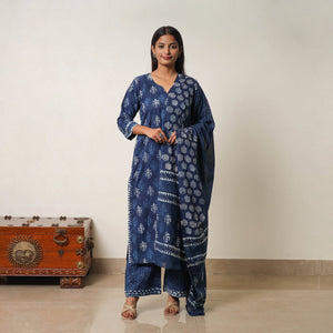 Blue - Hand Block Print Indigo Bagru Cotton Suit Set 06