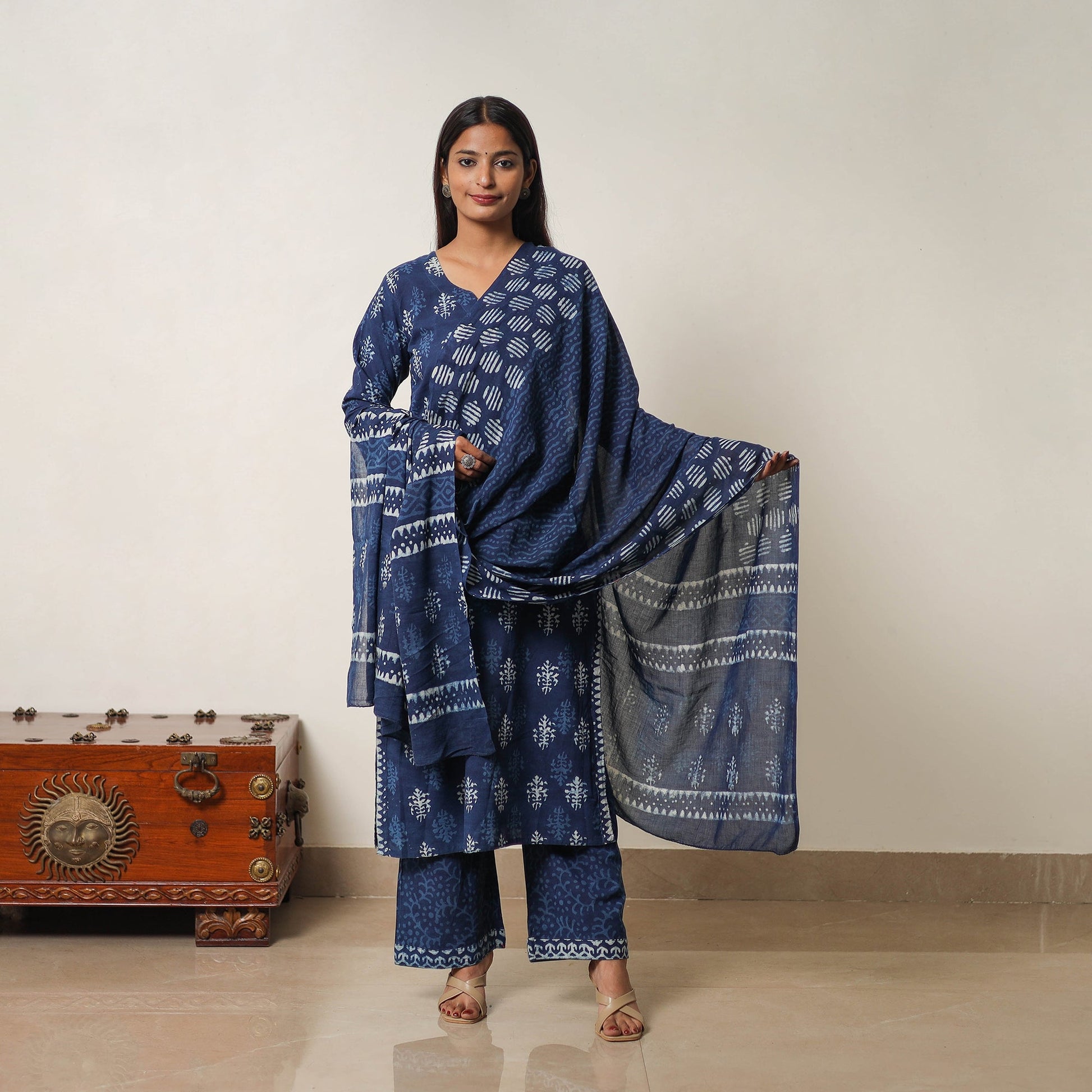 Blue - Hand Block Print Indigo Bagru Cotton Suit Set 06