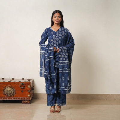 Blue - Hand Block Print Indigo Bagru Cotton Suit Set 06