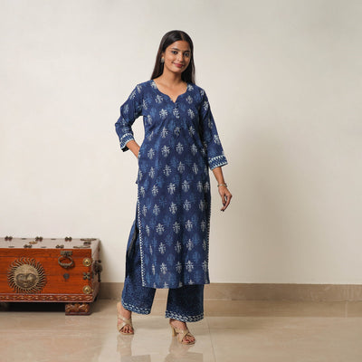 Blue - Hand Block Print Indigo Bagru Cotton Suit Set 06