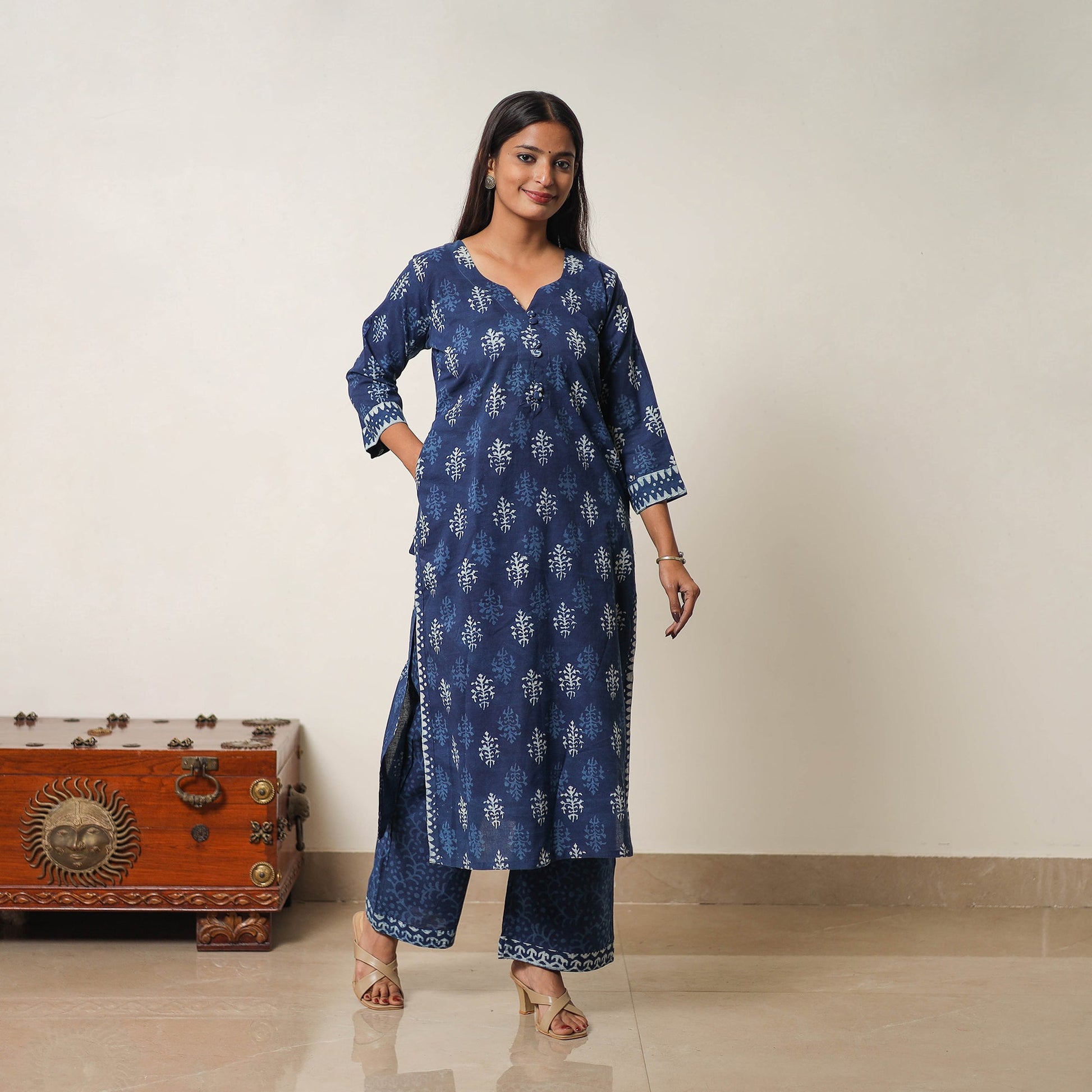 Blue - Hand Block Print Indigo Bagru Cotton Suit Set 06