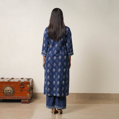 Blue - Hand Block Print Indigo Bagru Cotton Suit Set 06