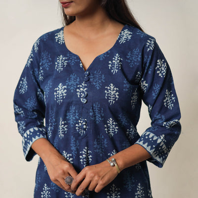 Blue - Hand Block Print Indigo Bagru Cotton Suit Set 06