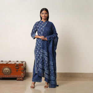 Blue - Hand Block Print Indigo Bagru Cotton Suit Set 07