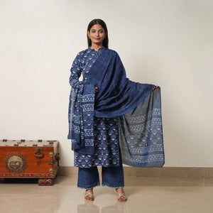 Blue - Hand Block Print Indigo Bagru Cotton Suit Set 07