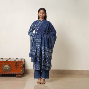 Blue - Hand Block Print Indigo Bagru Cotton Suit Set 07
