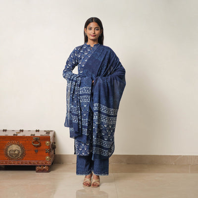 Blue - Hand Block Print Indigo Bagru Cotton Suit Set 07