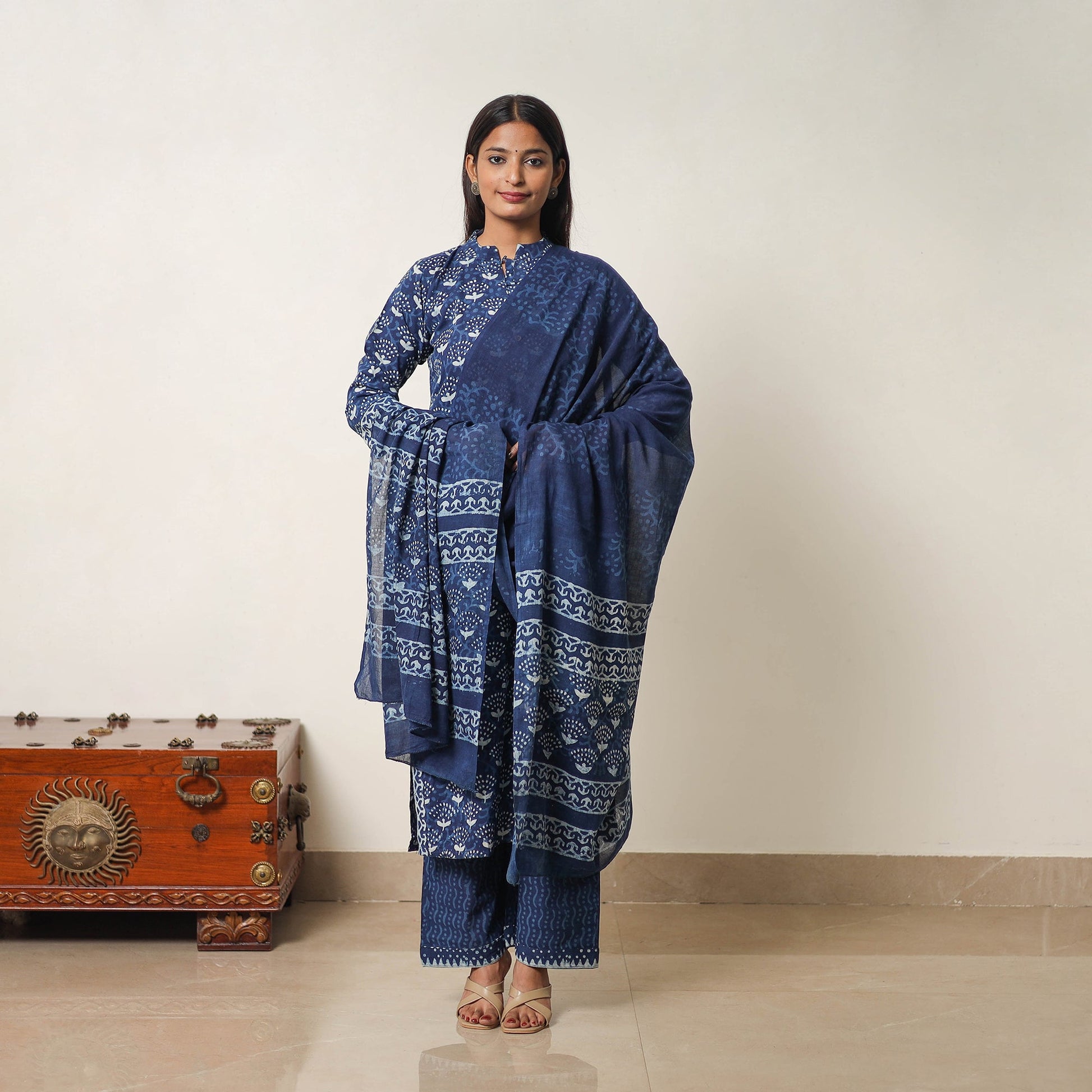 Blue - Hand Block Print Indigo Bagru Cotton Suit Set 07
