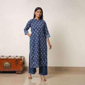 Blue - Hand Block Print Indigo Bagru Cotton Suit Set 07