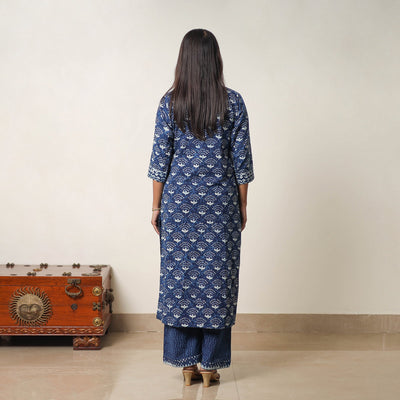 Blue - Hand Block Print Indigo Bagru Cotton Suit Set 07