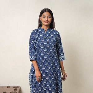 Blue - Hand Block Print Indigo Bagru Cotton Suit Set 07