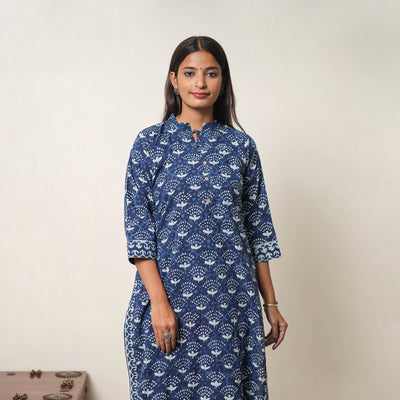 Blue - Hand Block Print Indigo Bagru Cotton Suit Set 07