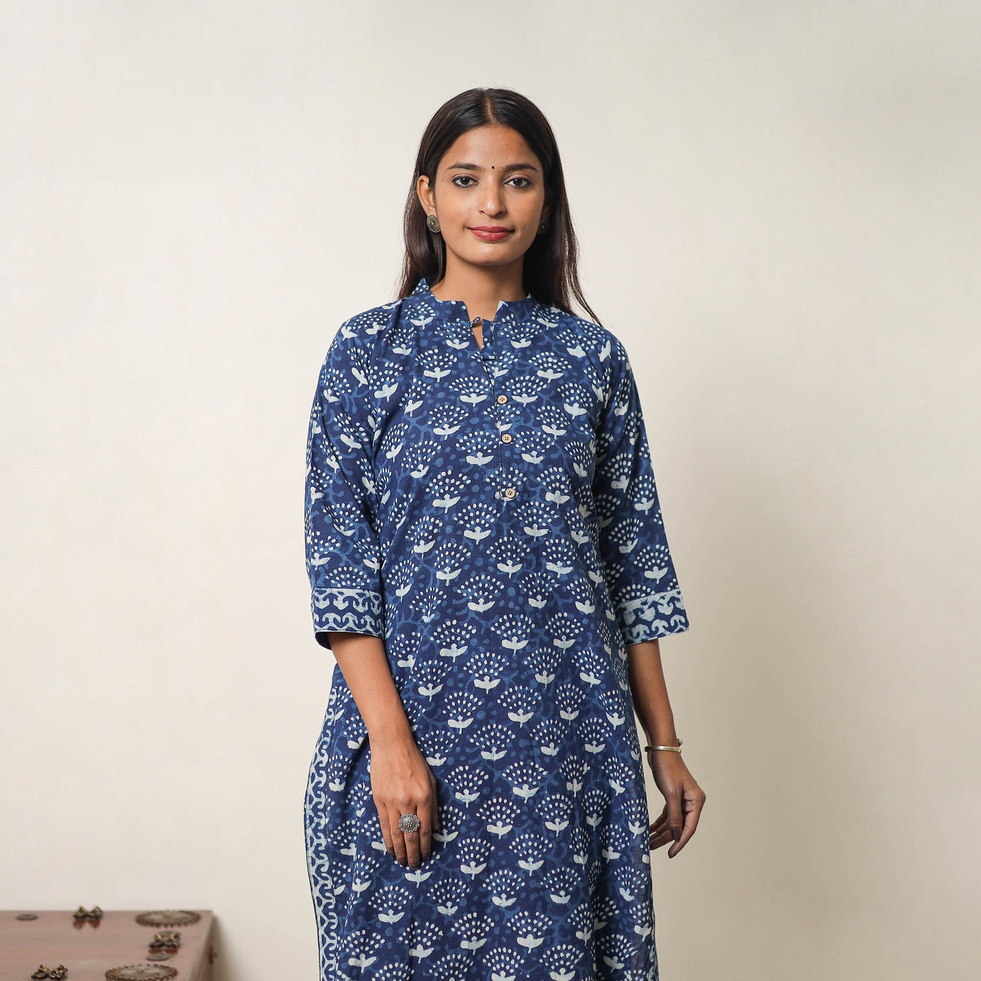 Blue - Hand Block Print Indigo Bagru Cotton Suit Set 07
