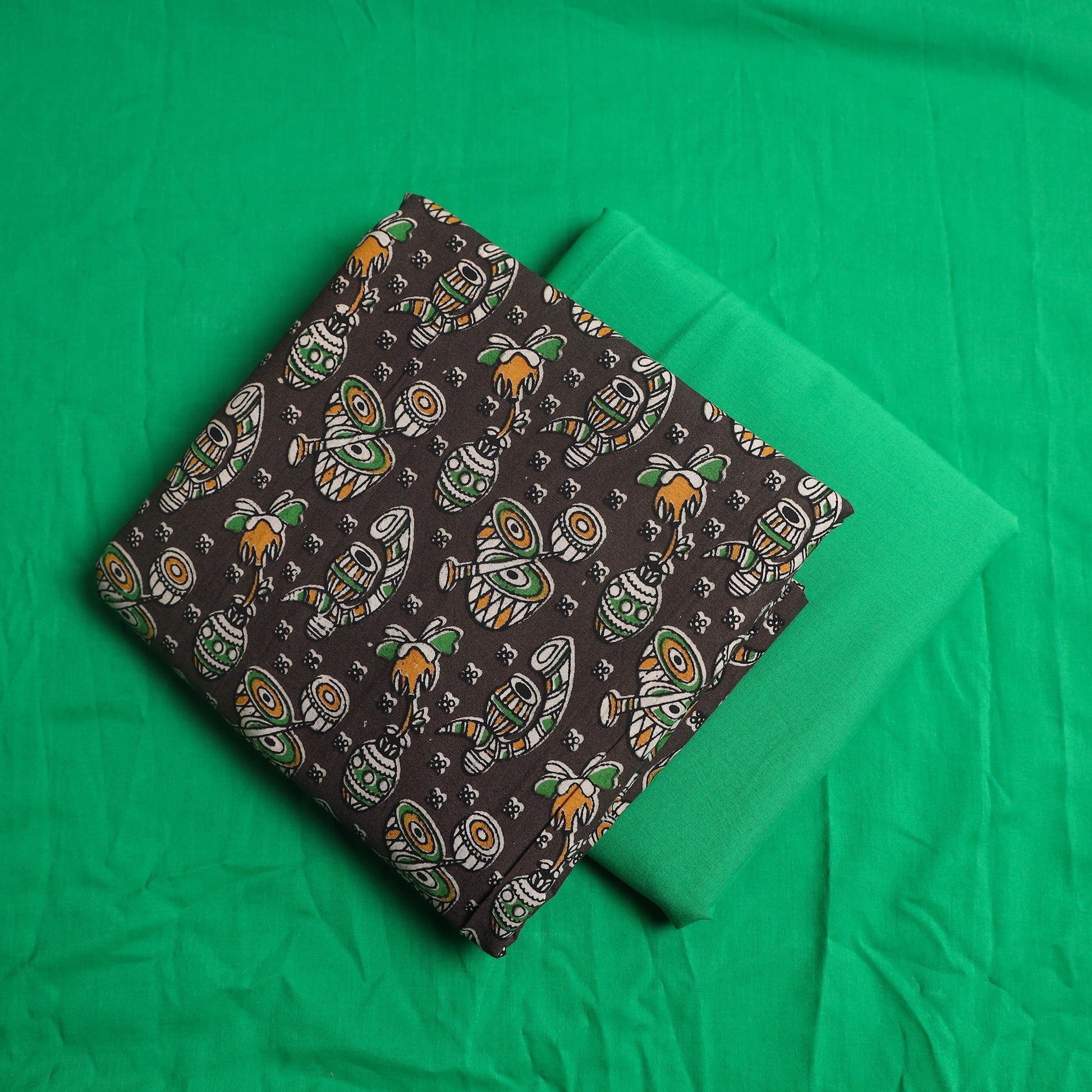 Brown - 3pc Cotton Kalamkari Print Kurta with Plain Dupatta 13