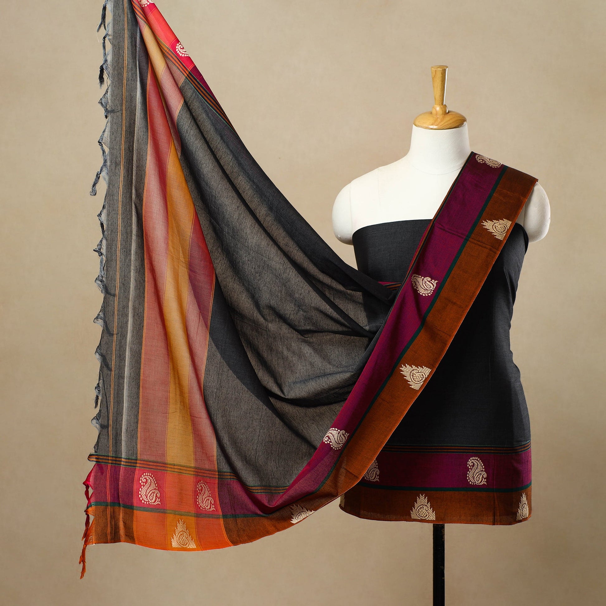 Black - 3pc Mercerised Cotton Dharwad Dress Material 09