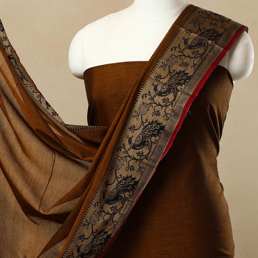 Brown - 3pc Mercerised Cotton Dharwad Dress Material 22