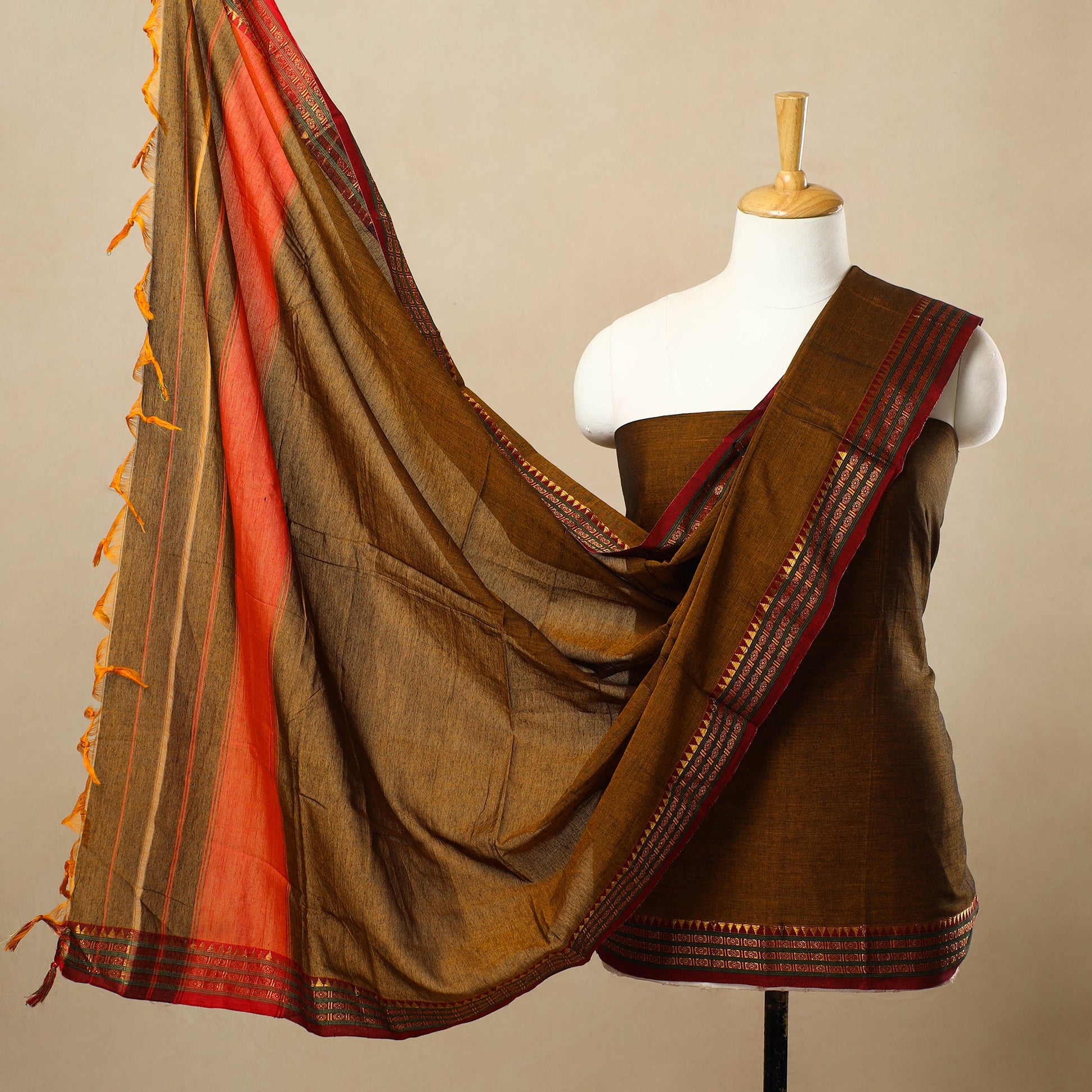 Brown - 3pc Mercerised Cotton Dharwad Dress Material 56