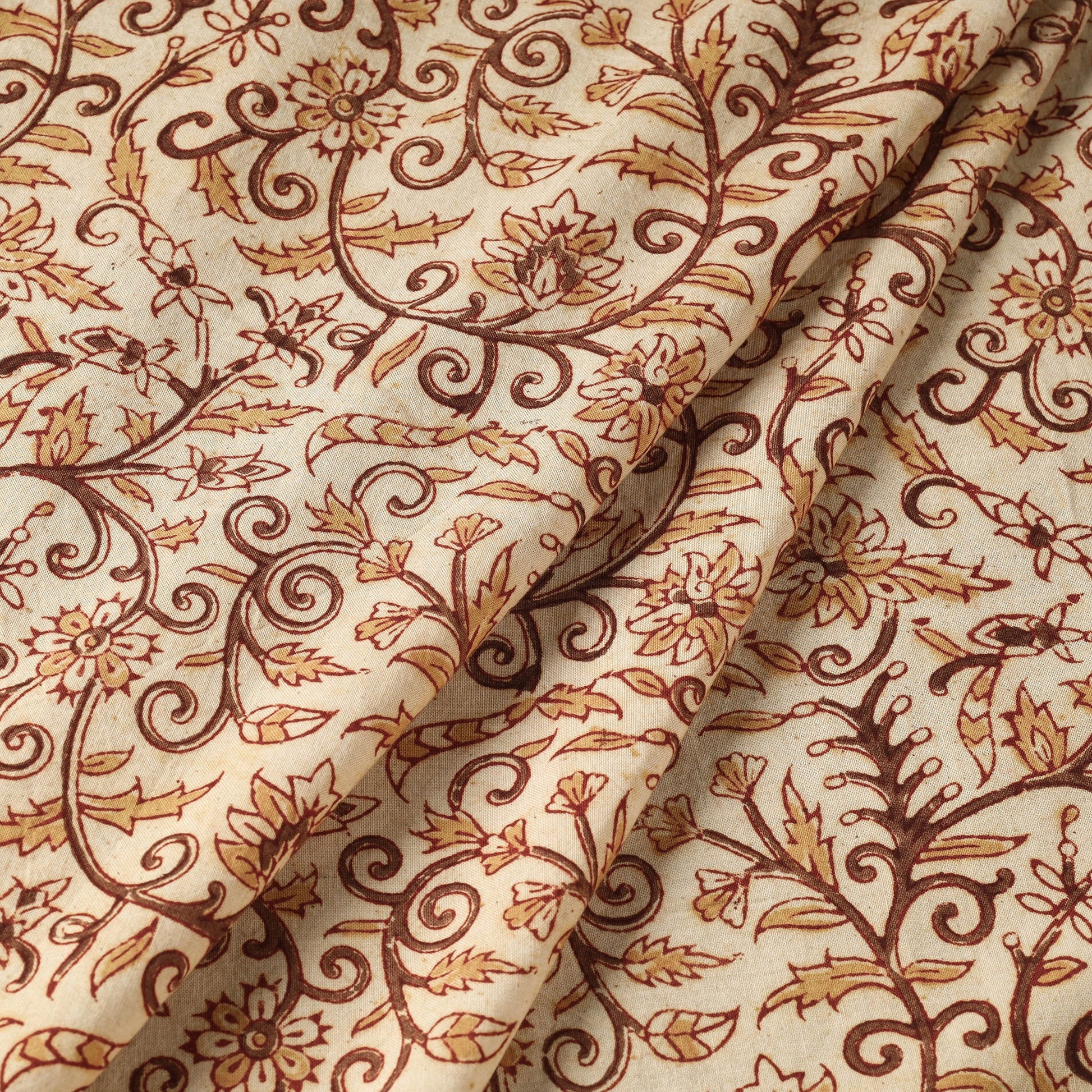 Beige - Pedana Kalamkari Hand Block Printed Cotton Fabric