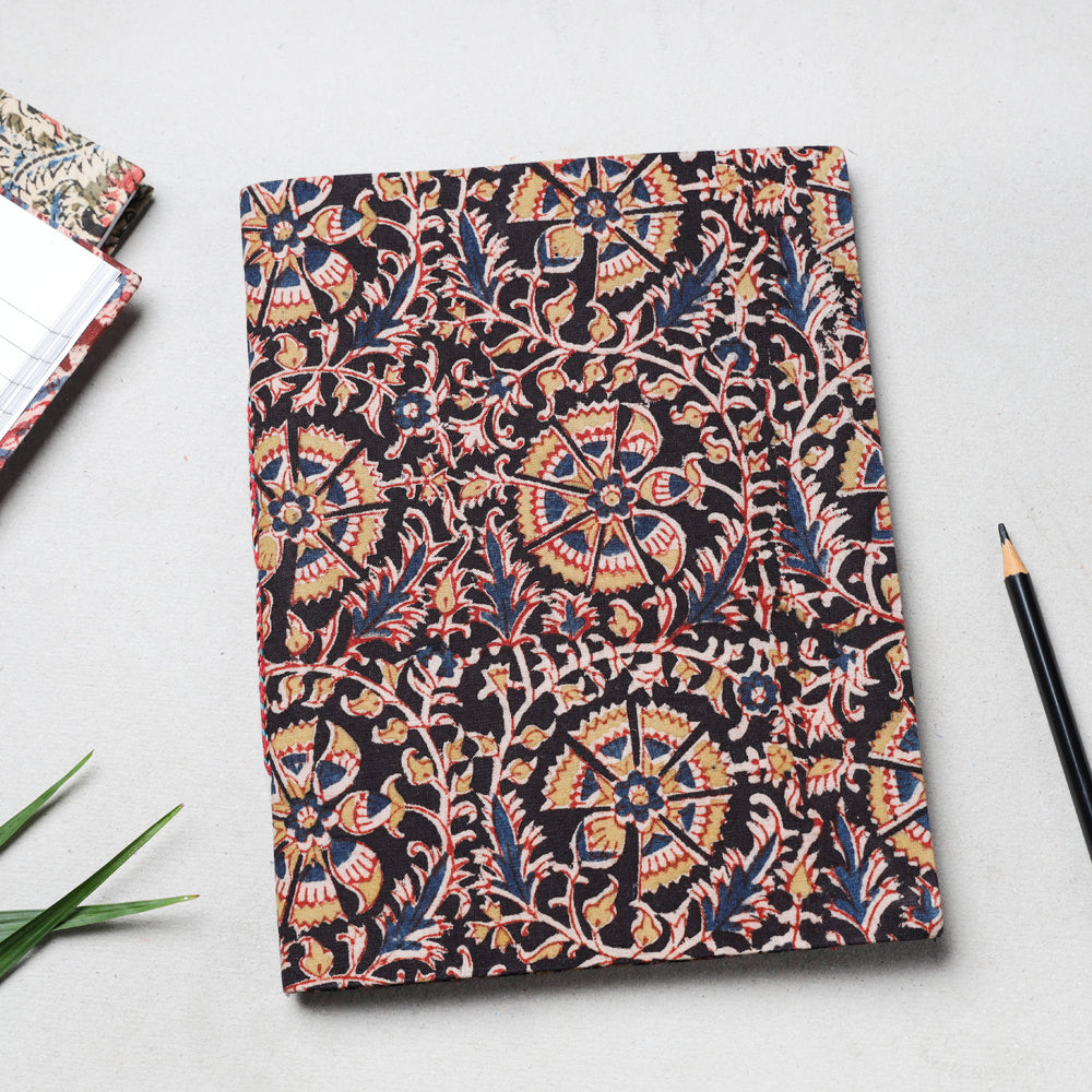 Black - Kalamkari Fabric Cover Handmade Paper Notebook (23 x 18 cm)