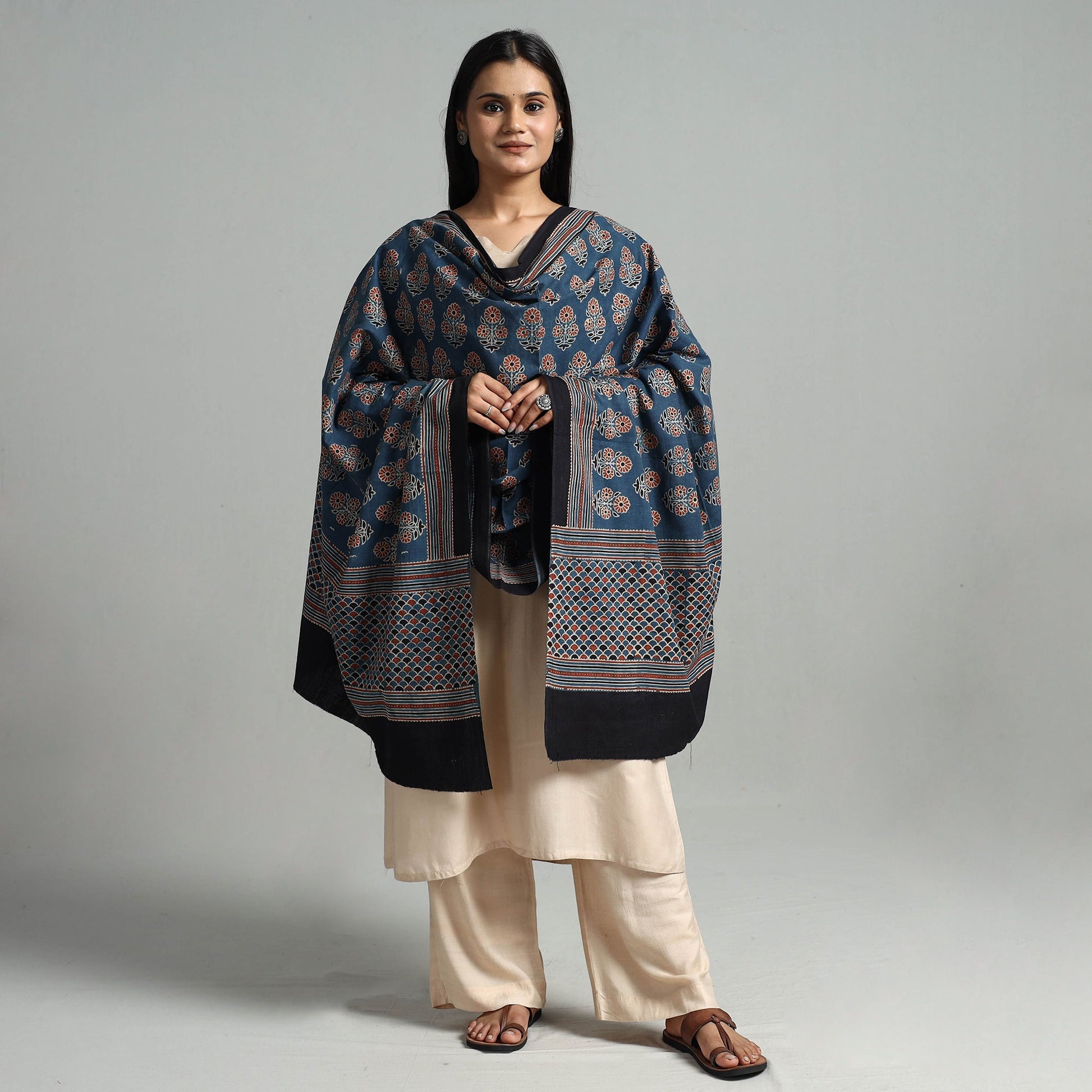 Blue - Hand Block Printed Cotton Ajrakh Dupatta 05